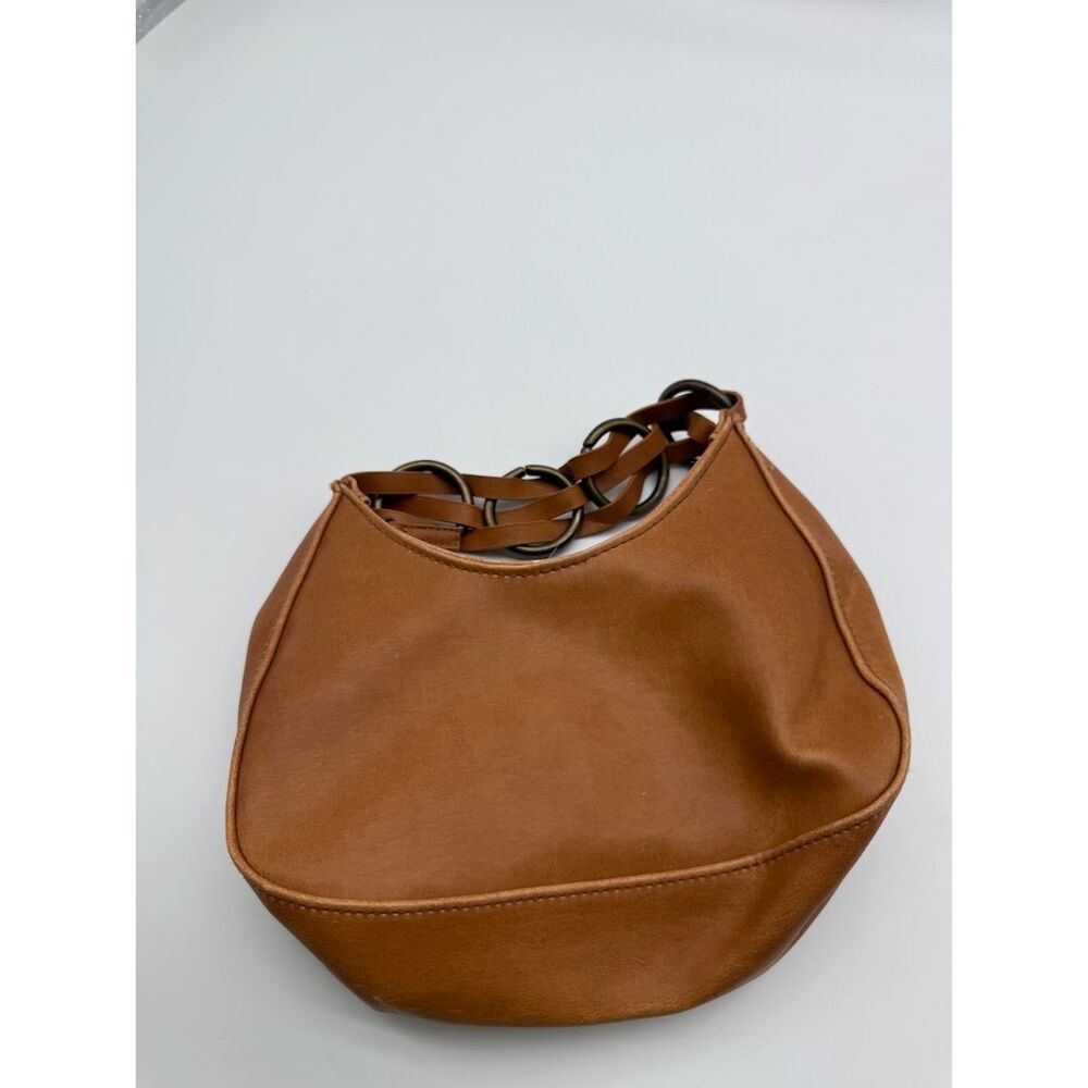 y2k Tan Leather Mini Bag with braided metal handle Zipper closure.